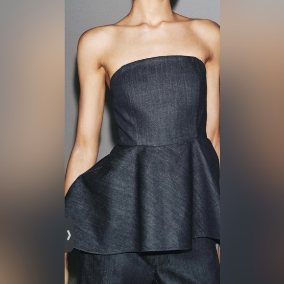 ZARA Denim strapless top Size Medium Asymmetric hem Hidden inseam zip closureNWT - Picture 5 of 14